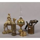 A group lot of brassware to include General Gordon miners lamp, decorative oil lamp etc.