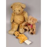 Three teddies to include Sooty hand puppet, purportedly signed by Harry Corbett.