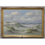 A large gilt framed oil on board coastal scene with a lighthouse, signed Antonio.