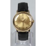 A gentleman's gold plated Omega "bumper" Automatic wristwatch. With pointed baton markers and centre