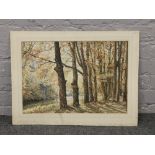 An unframed watercolour woodland scene with a river unsigned, titled River Dart Devon to the back.