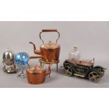 Two copper kettles, brass trivet, Elkington & Co. spirit egg coddler, along with coral 1970s clock