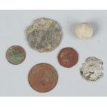 A small collection of detector finds, musket ball, white metal amulet and coins etc.