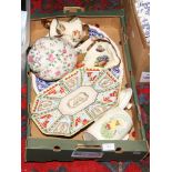A box of ceramics to include Sylvac lidded jar, blue and white meat plate, Noritake tray etc.