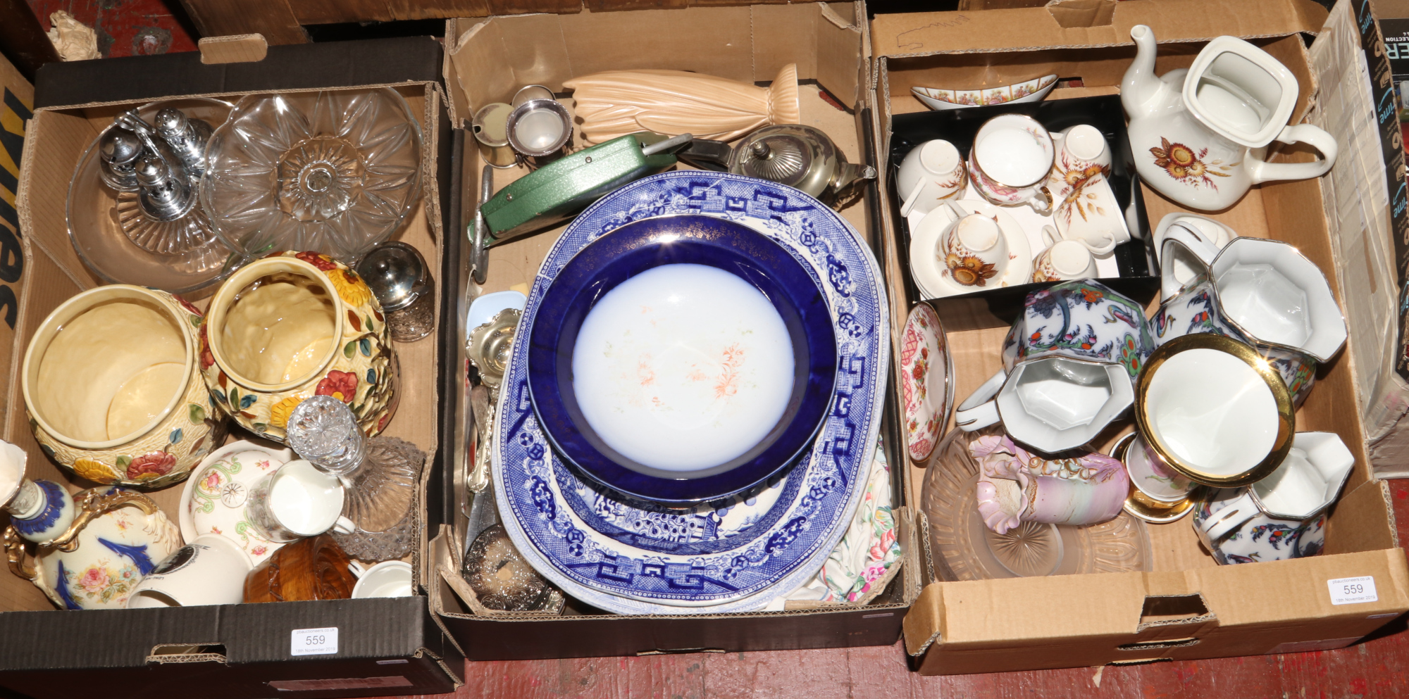 Three boxes of miscellaneous to include hand painted vase, salt scales, Sylvac vase, silver plate,