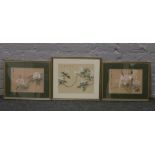 Three gilt framed Chinese paintings on silk of flowers.