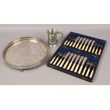 A collection of metalwares to include silver plate serving tray, pewter tankard and cased fish