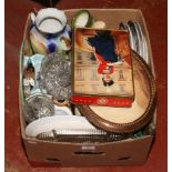 A box of miscellaneous to include twin handle vase, Sylvac dogs, Crown Ducal vases etc.