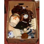 A box of ceramics etc including Crown Ducal vase, bargeware, Asian collectables and Art Deco caitlin