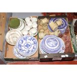 Two boxes of miscellaneous to include Johnson Brothers tea set, glass dressing table set,
