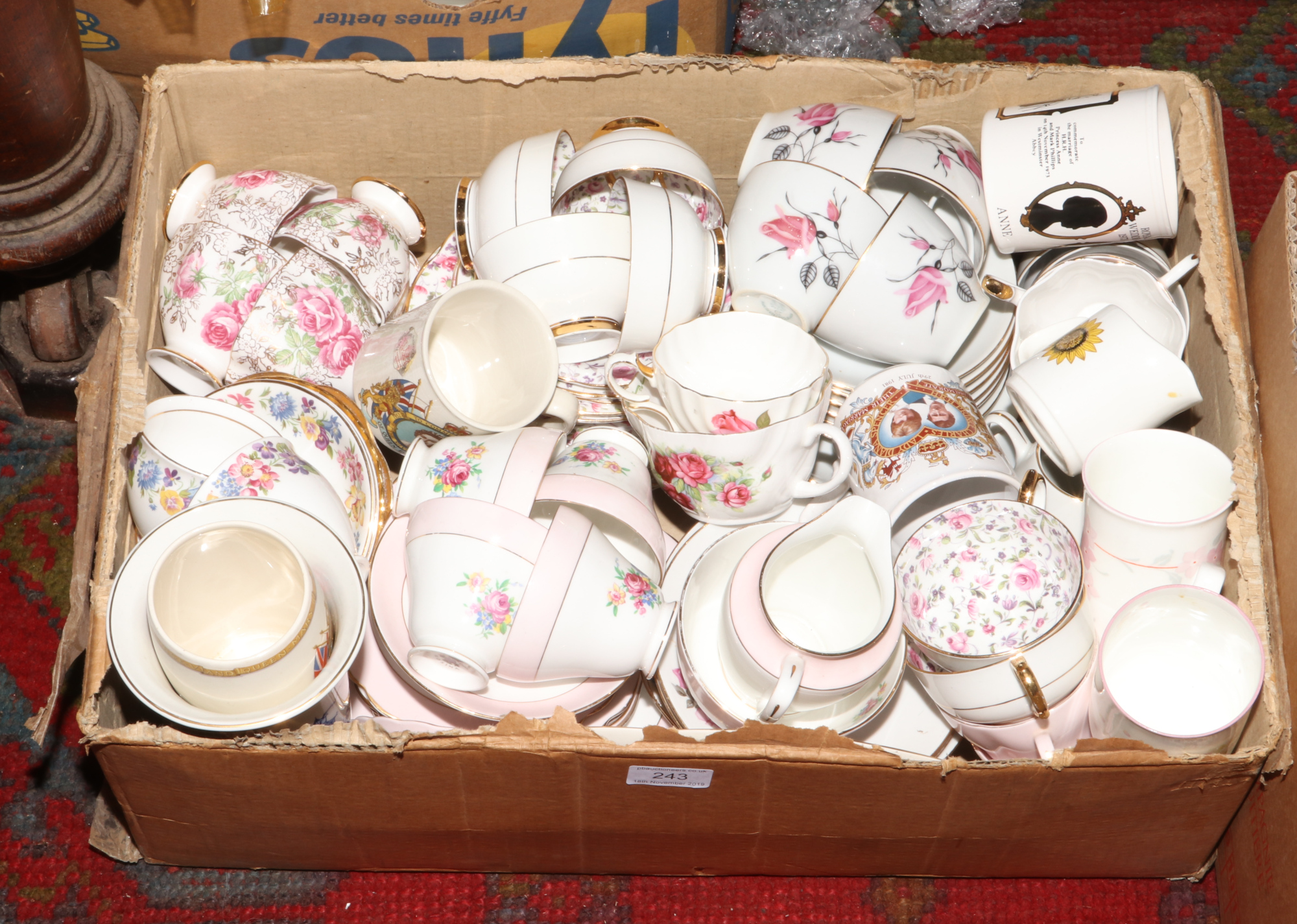 A box of mixed teawares to include Rosina, two Royal Winton vases, Coalport posy, three