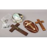 Catholic devotional artefacts including three Corpus Christie and a tin of rosaries.