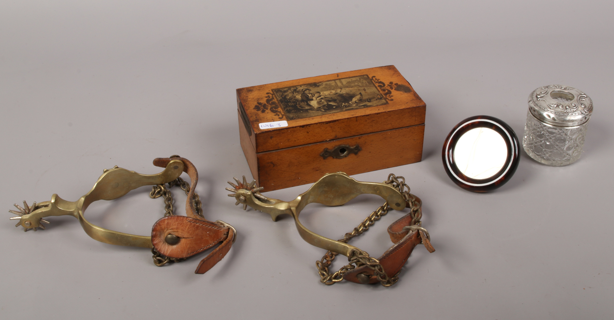 An antique satinwood money box transfer printed (no key) silver top hat pin jar, circular tortoise