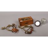 An antique satinwood money box transfer printed (no key) silver top hat pin jar, circular tortoise