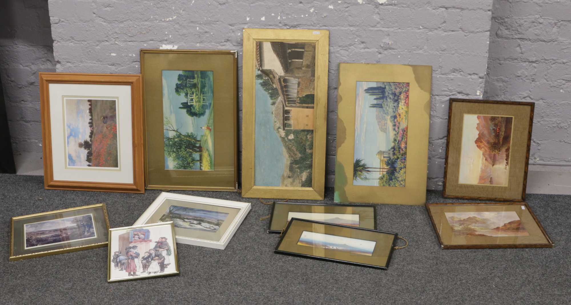 A quantity of framed prints and pictures including watercolours, Edwardian prints depicting