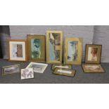 A quantity of framed prints and pictures including watercolours, Edwardian prints depicting