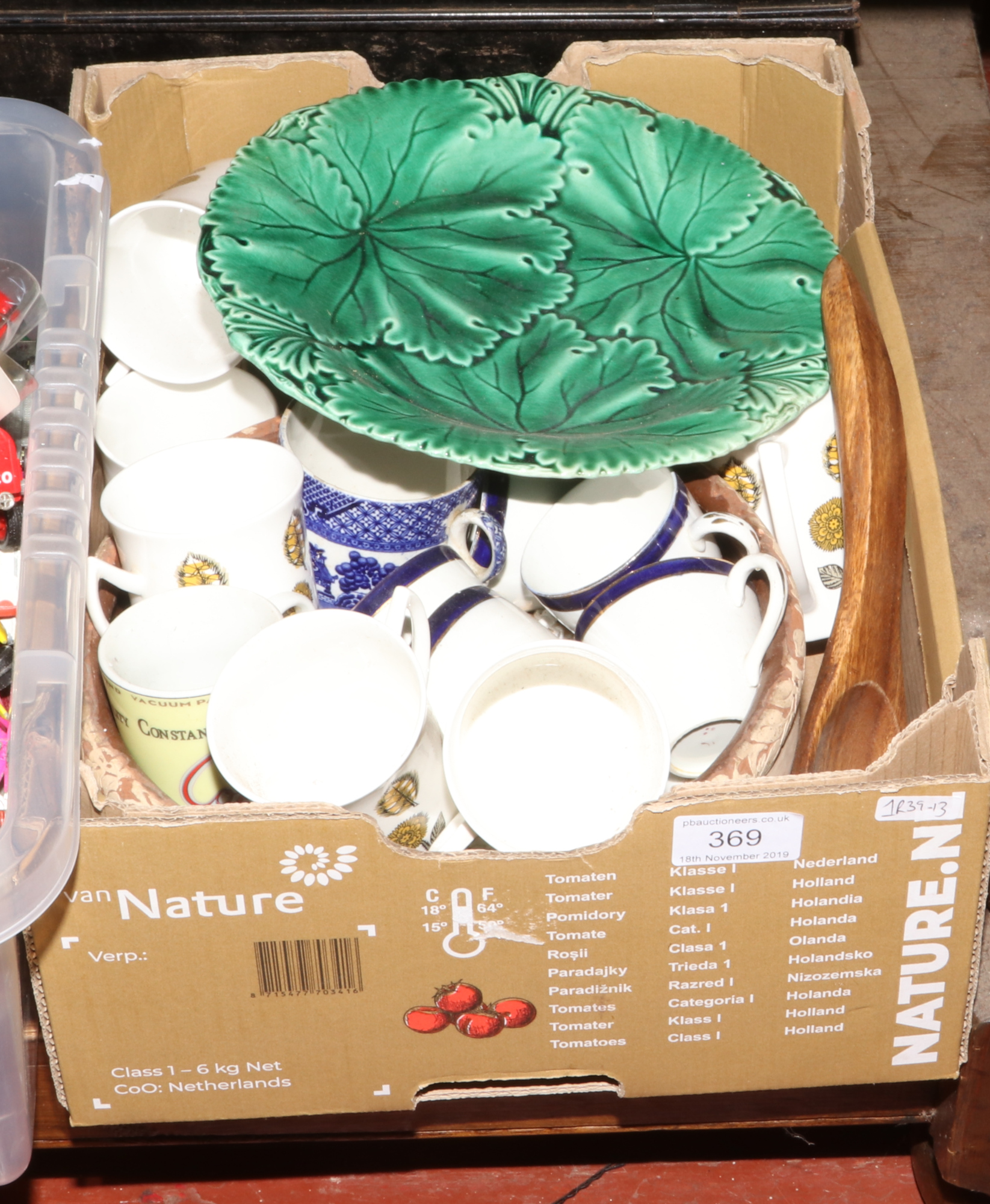 A box of miscellaneous including a 19th century Copeland leaf moulded plate, bone china teawares