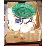 A box of miscellaneous including a 19th century Copeland leaf moulded plate, bone china teawares