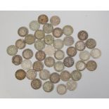 A quantity of assorted pre-decimal silver 3 pences, approximately 43.