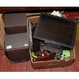 A box of miscellaneous Champagne flutes, cast iron fire front, viewsonic monitor, children tin