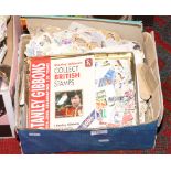 A box of loose British stamps and a Stanley Gibbons Collect British Stamps 2006 catalogue.