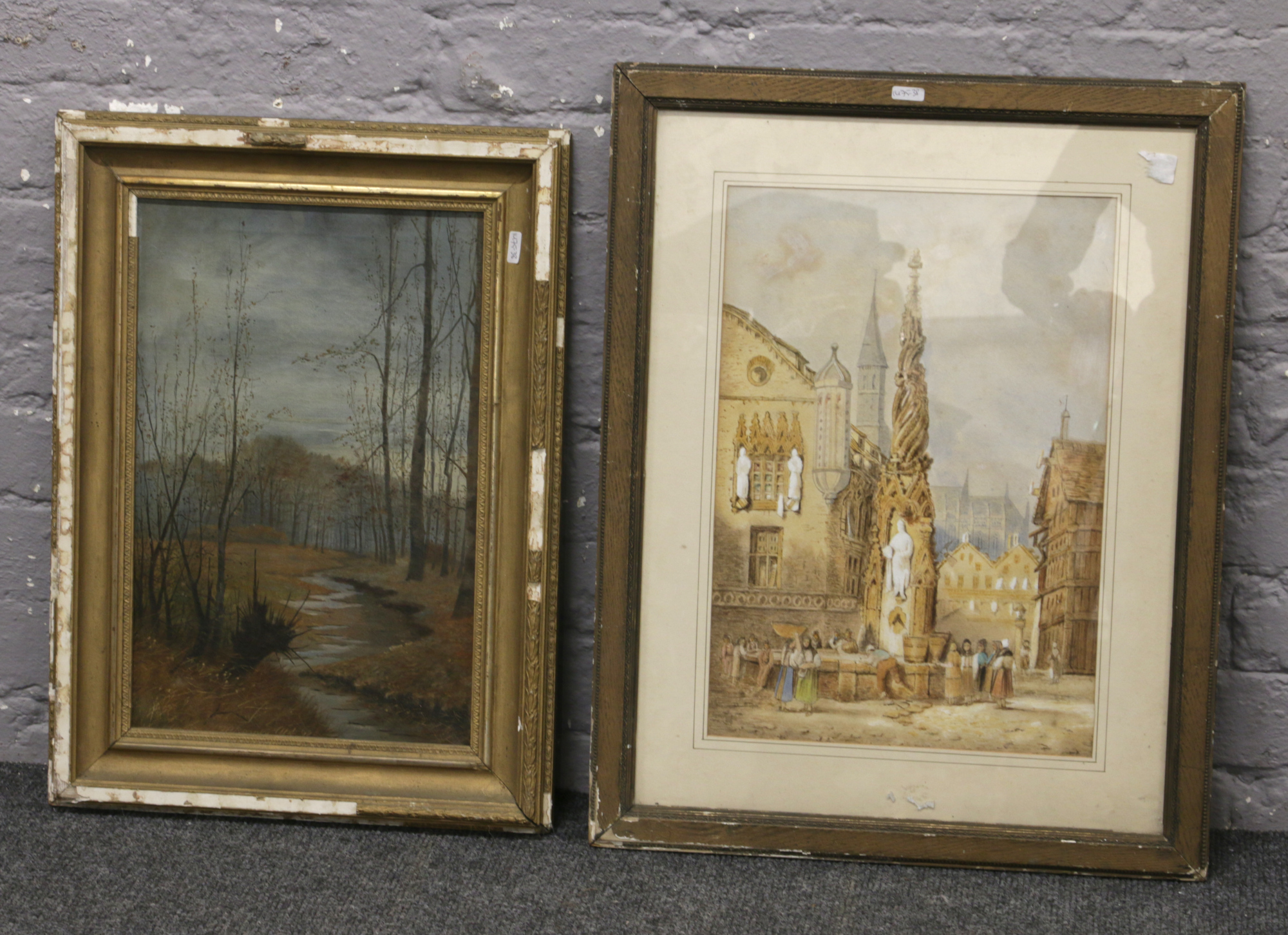A gilt framed oil on canvas woodland scene and a continental framed watercolour, townsquare.