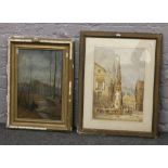 A gilt framed oil on canvas woodland scene and a continental framed watercolour, townsquare.