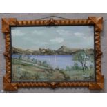 An unusual framed oil on board dated 1968, castle overlooking lake with sailboat, signature
