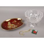A Crown Ducal Fieldings dish in the Mikado design, along with a glass fruit bowl, a cinnabar