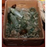 A box of vintage glass storage bottles / vessels to include brewery, medical etc.