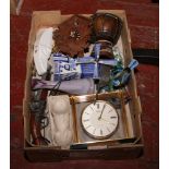 A box of miscellaneous including coral quartz mantel clock, Delft musical windmill and a cuckoo