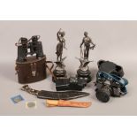A group lot of collectables to include Janak zoom microscope, Spelter figures on stand, cased
