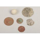 A small collection of detector finds, musket ball, white metal amulet and coins etc.