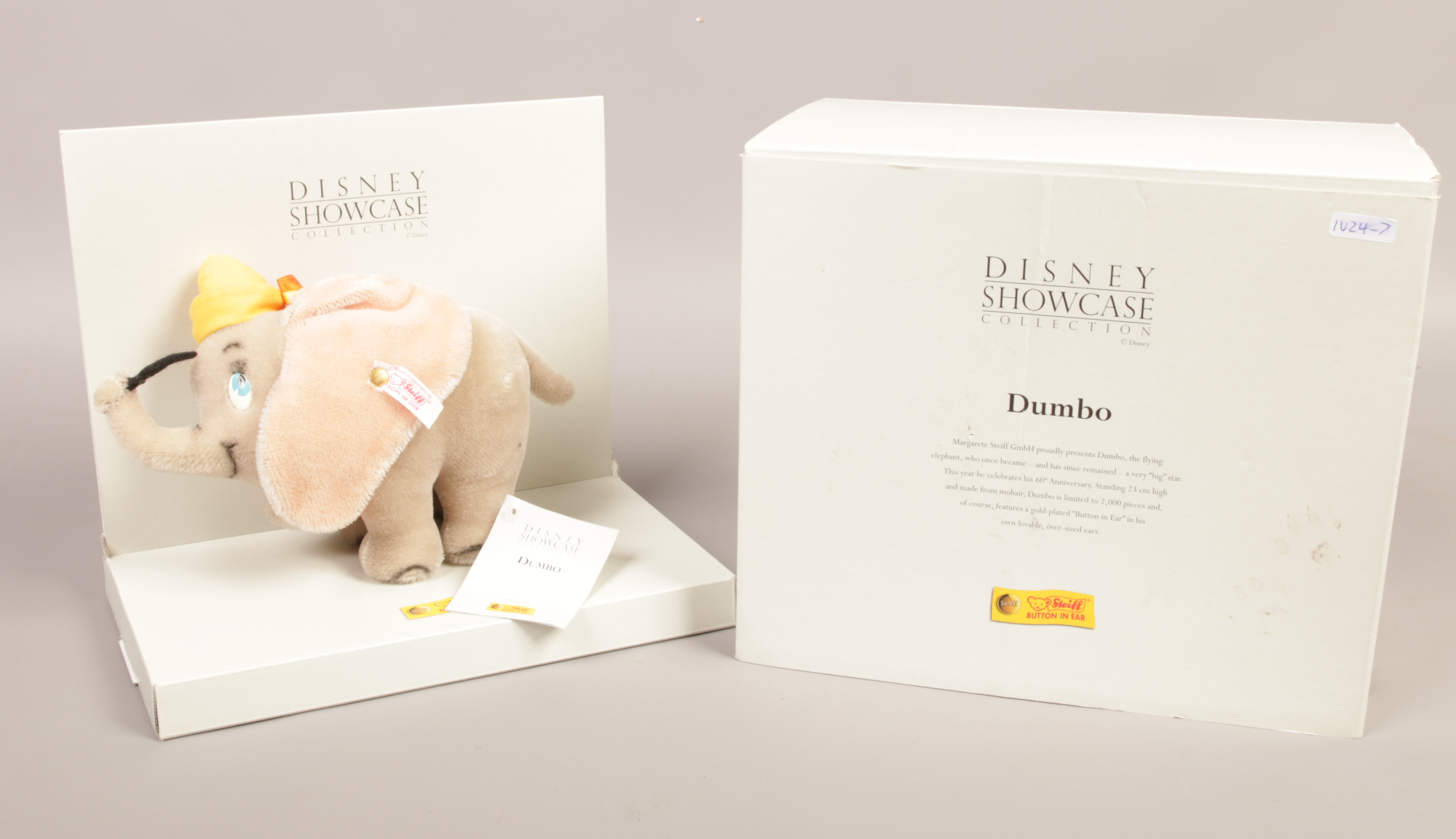 A boxed Steiff Disney showcase collection Dumbo mohair soft toy.