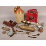 A group lot of collectables to include leather belt, Miranda binoculars, smoking pipes, ship in a