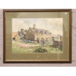 A framed watercolour, rural landscape scene with a cottage signed Shone 36cm x 53cm.