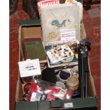 A box of miscellaneous to include Pigwiggen book, lighters, badges, opera binoculars, Vivitar tripod