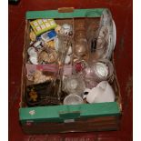 A box of miscellaneous to include glasswares, commemorative plate, vintage lighters.