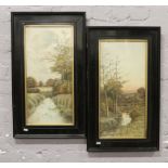 A pair of ebonised framed George Oyston prints, river landscape scenes.