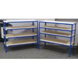 A pair of large four tier garage workshop shelves, 112cm wide.