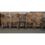 Five hardwood dining chairs including two carvers.