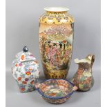 A quantity of oriental ceramics to include large vase 65cm high, twin handled bowl, lidded vase