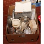A box of miscellaneous including silver collared etched glass vase etc.