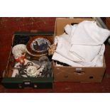 A box of lace and linen, along with a box of miscellaneous collectables to include Royal Doulton,