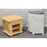 A light oak coffee table / magazine rack with single drawer, along with a Lloyd loom linen box.