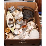 A box of miscellaneous to include cast iron kettle, Royal Albert Old Country Roses, Sylvac etc.