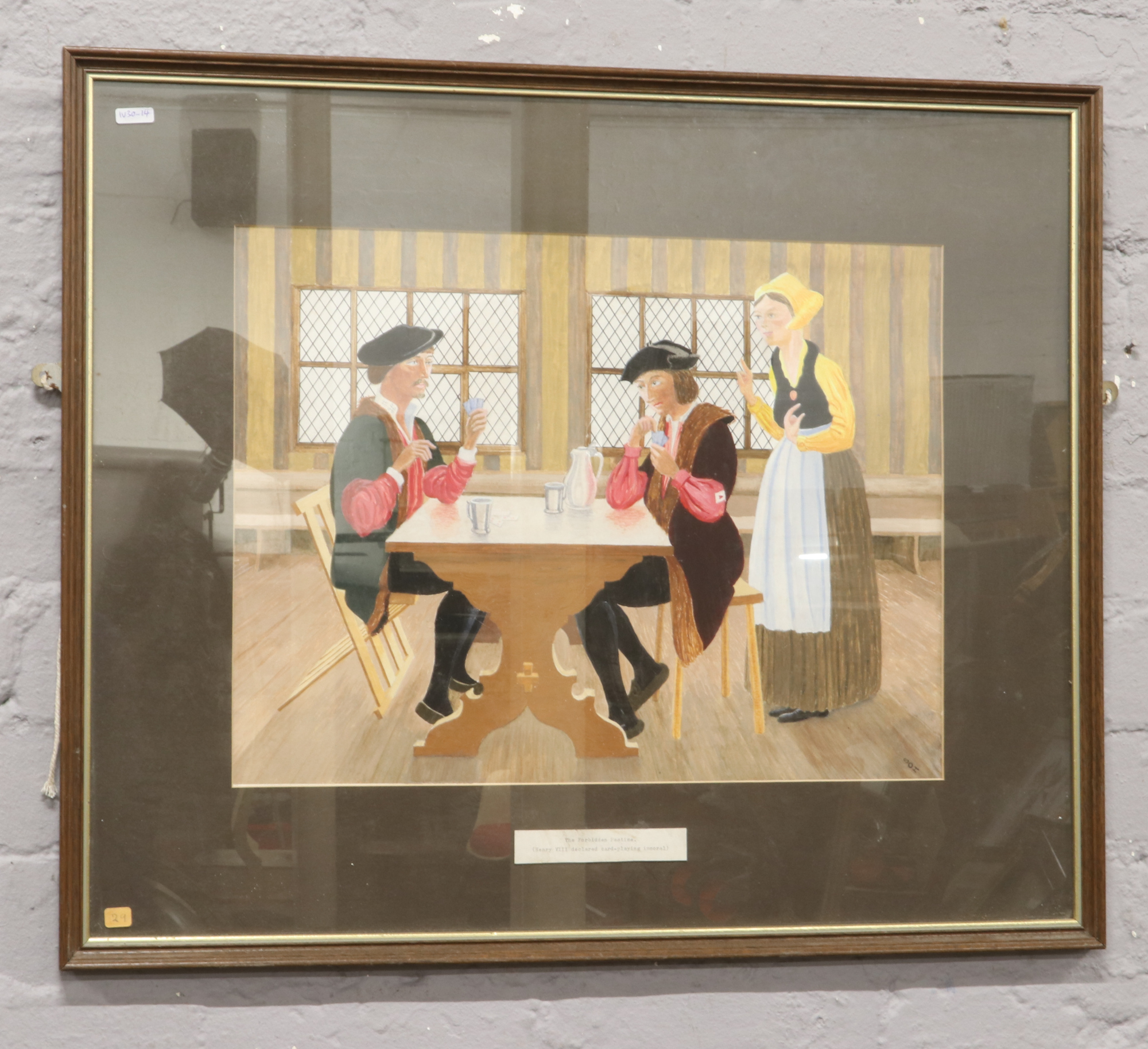 S. O. Hilton, a framed gouache interior scene titled The Forbidden Pastime.