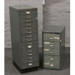 A Bisley steel office fifteen drawer filing cabinet and a five drawer example.