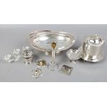 A Swarovski three tier candle stand and a collection of silver plate including biscuit box and swing