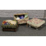 Two Victorian footstools and a work box with embroidered upholstery containing buttons, yarn,